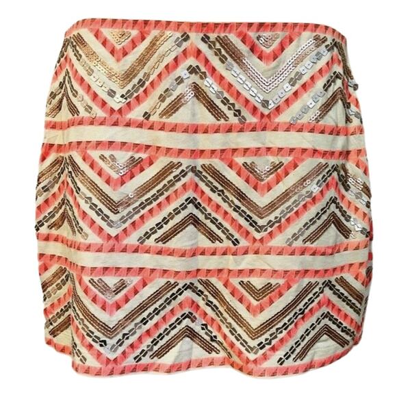 Express Pink Cream Gold Sequin Y2K Zig Zag Print Chevron Lined Mini Skirt Sz XS - Picture 2 of 7